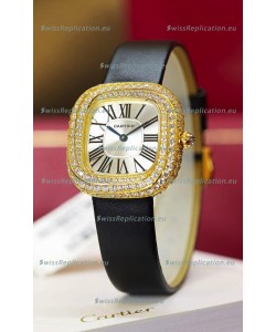 Coussin De Cartier Yellow Gold Swiss Replica Watch Black Strap 