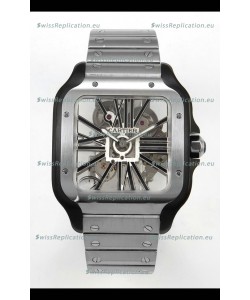 Santos De Cartier Super Clone Watch in Skeleton Dial Brushed DLC Coated Steel Casing Watch 