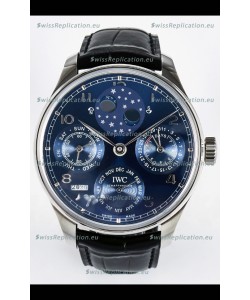 IWC Super Clone Portuguese Perpetual Calendar Stainless Steel Blue Dial Replica Watch 
