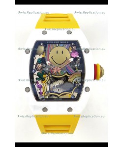 Richard Mille Super Clone RM088 Smiley Tourbillon White Ceramic Rubber Strap Watch 