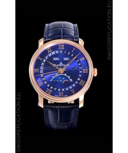 Blancpain "Villeret Quantième Complet" 904L Steel Rose Gold Watch in Blue Dial