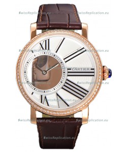 Rotonde De Cartier in Rose Gold Casing - Leather Strap Swiss Quartz Replica Watch 