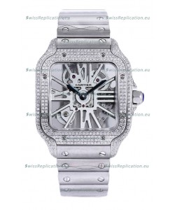Santos De Cartier Watch in Skeleton Dial - Diamonds Bezel in Steel Casing & Strap Swiss Replica