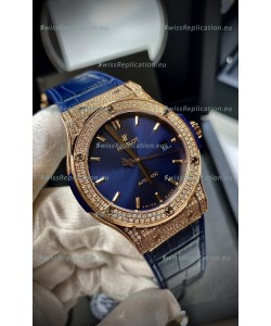 Hublot Classic Fusion Diamonds Rose Gold Steel Blue Dial Swiss Replica Watch 1:1 Mirror Quality