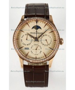 Jaeger LeCoultre Super Clone Master Ultra-Thin Perpetual Calendar Cream Dial Diamonds Bezel Watch