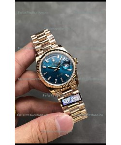 Rolex Day Date Super Clone Rose Gold Blue Dial Crystal Numerals Watch 36MM - 1:1 Mirror Quality