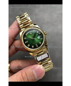 Rolex Day Date Super Clone Yellow Gold Green Dial Diamonds Numerals Watch 36MM - 1:1 Mirror Quality