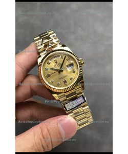 Rolex Day Date Super Clone Yellow Gold Casing and Dial Diamonds Numerals Watch 36MM - 1:1 Mirror Quality