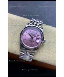 Rolex Day Date Super Clone Stainless Steel Pink Sunburst Dial Crystal Numerals Watch 36MM - 1:1 Mirror Quality