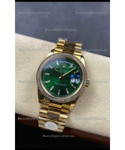 Rolex Day Date Super Clone Yellow Gold Green Dial Crystal Numerals Watch 36MM - 1:1 Mirror Quality