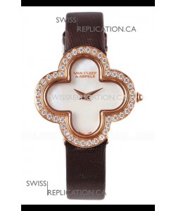 Van Cleef & Arpels Alhambra Rose Gold Diamonds Bezel Black Strap Watch 