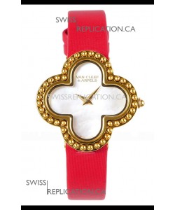 Van Cleef & Arpels Alhambra Yellow Gold Red Strap Watch 