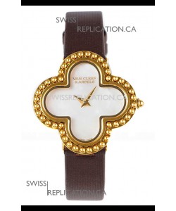 Van Cleef & Arpels Alhambra Yellow Gold Brown Strap Watch 