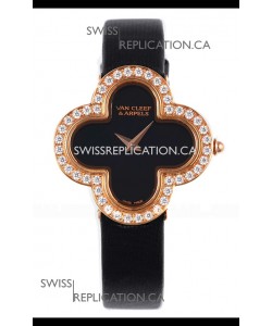 Van Cleef & Arpels Alhambra Rose Gold Diamonds Bezel Black Strap Watch 