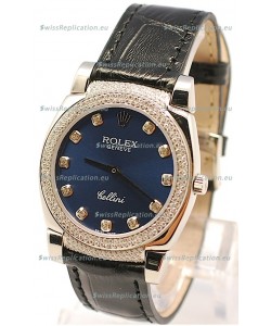 Rolex Cellini Cestello Ladies Swiss Watch in Dark Blue Face Diamonds Bezel and Lugs