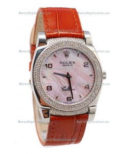 Rolex Cellini Cestello Ladies Swiss Watch Pink Pearl Face Diamonds Bezel and Lugs