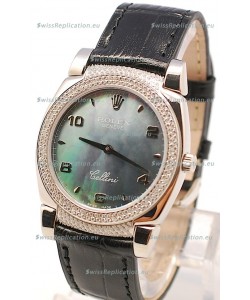 Rolex Cellini Cestello Ladies Swiss Watch in Black Pearl Face Diamonds Bezel and Lugs