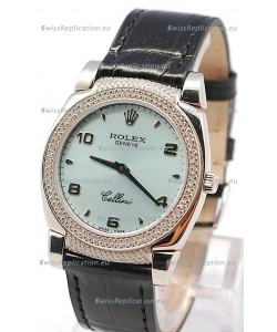 Rolex Cellini Cestello Ladies Swiss Watch in Blue Face Black Leather Strap Diamonds Bezel 