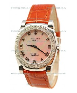 Rolex Cellini Cestello Ladies Swiss Watch Beige Pearl Roman Face Diamonds Bezel
