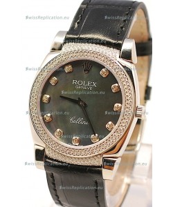 Rolex Cellini Cestello Ladies Swiss Watch in Black Pearl Face Diamonds Markers