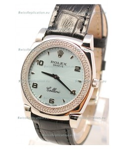Rolex Cellini Cestello Ladies Swiss Watch in Blue Face Black Leather Strap Diamonds Bezel 
