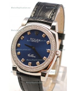 Rolex Cellini Cestello Ladies Swiss Watch in Dark Blue Face and Diamond Bezel