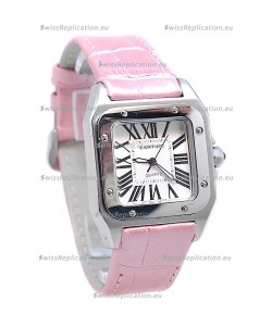 Cartier Santos 100 Japanese Ladies Replica Watch in Pink Leather Strap