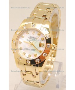 Rolex Datejust Pearlmaster Japanese Replica Gold Watch in White Pearl Dial -34MM