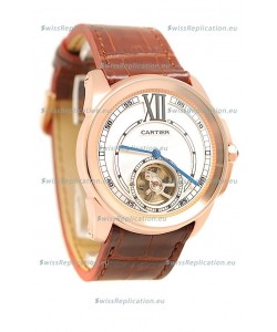 Calibre de Cartier Flying Tourbillon Japanese Replica Rose Gold Watch in Brown Strap
