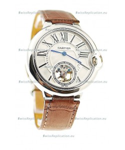 Ballon Bleu De Cartier flying Tourbillon Japanese Replica Steel Watch in Brown Strap