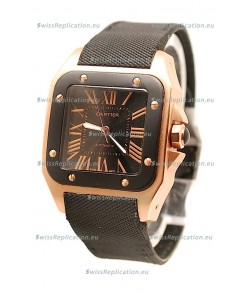 Cartier Santos 100 Swiss Replica Pink Gold Watch in Black Dial