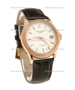 Patek Philippe Geneve Replica Pink Gold Watch in White Dial 