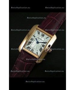 Cartier Louis Japanese Replica Ladies Rose Gold Watch in Red Wine Strap
