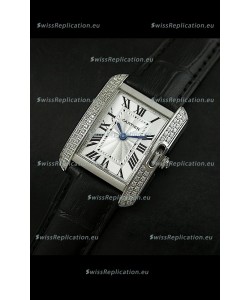 Cartier Louis Japanese Replica Ladies Diamond Watch in Black Strap