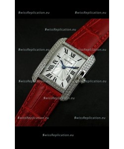 Cartier Louis Japanese Replica Ladies Diamond Watch in Red Strap