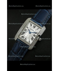 Cartier Louis Japanese Replica Ladies Diamond Watch in Blue Strap
