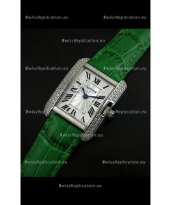 Cartier Louis Japanese Replica Ladies Diamond Watch in Green Strap