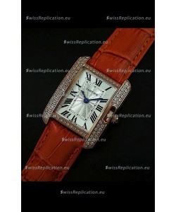 Cartier Louis Japanese Replica Ladies Rose Gold Diamond Watch in Orange Strap