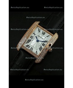 Cartier Louis Japanese Replica Ladies Rose Gold Diamond Watch in Black Strap