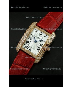 Cartier Louis Japanese Replica Ladies Rose Gold Diamond Watch in Red Strap