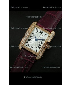 Cartier Louis Japanese Replica Ladies Rose Gold Diamond Watch in Purple Strap
