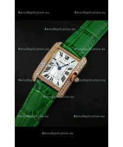 Cartier Louis Japanese Replica Ladies Rose Gold Diamond Watch in Green Strap