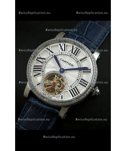 Cartier Ronde de Tourbillon Japanese Replica Diamond Watch in Blue Strap