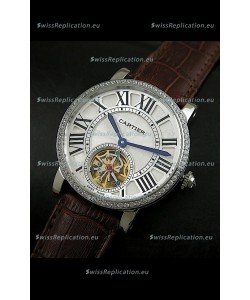 Cartier Ronde de Tourbillon Japanese Replica Diamond Watch in Brown Strap