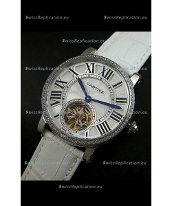 Cartier Ronde de Tourbillon Japanese Replica Diamond Watch in White Strap