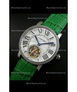 Cartier Ronde de Tourbillon Japanese Replica Diamond Watch in Green Strap
