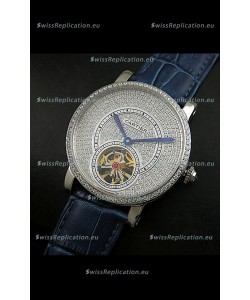 Cartier Ronde de Tourbillon Japanese Replica Diamond Watch in Blue Strap