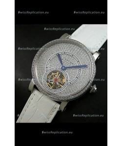 Cartier Ronde de Tourbillon Japanese Replica Diamond Watch in White Strap