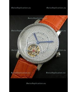 Cartier Ronde de Tourbillon Japanese Replica Diamond Watch in Orange Strap