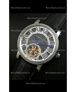 Cartier Ronde de Tourbillon Japanese Replica Diamond Watch in Black Dial